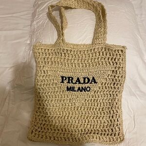 Prada Beige Crochet Tote with Black Embroidered Logo